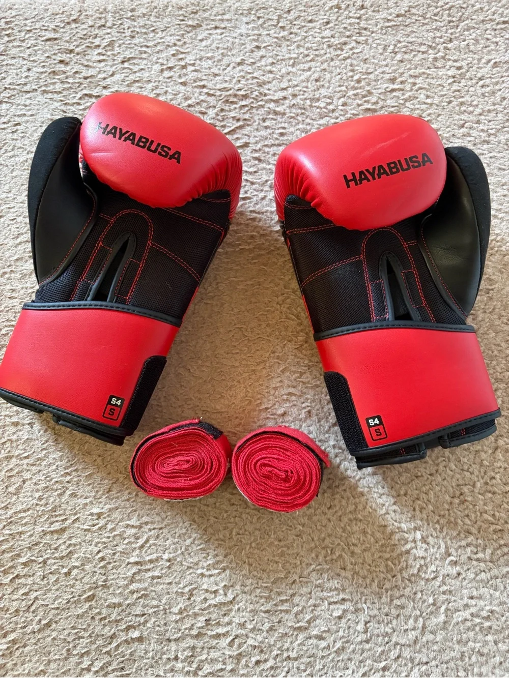 Hayabusa Red and Black Boxing Gloves with Wraps